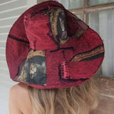 Baroque Cat / Burgundy Denim Designer Top Hat Ripped Patched Cottage Hand Stitched Of-White Peony/Rose Pin