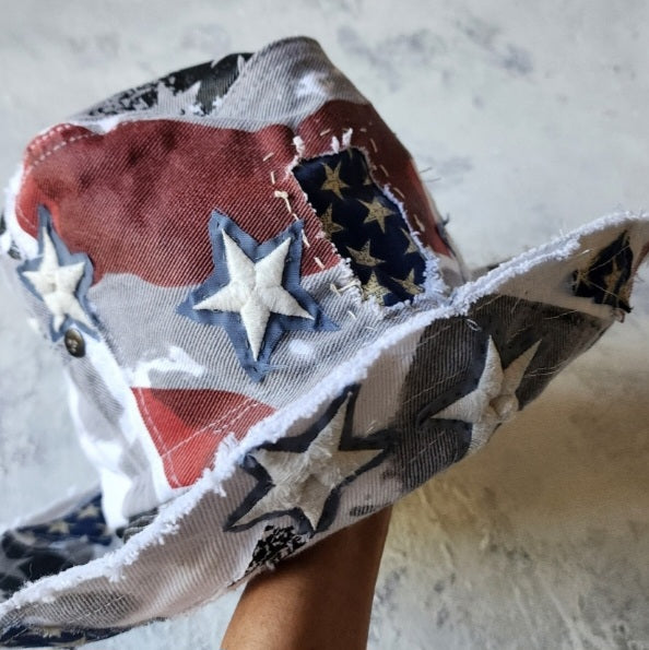SOUTH STARS / Designer Top Hat Shabby Chic Hat Upcycled Distressed Denim Bohemian style Hat Hand Stitched Top Hat Patchwork
