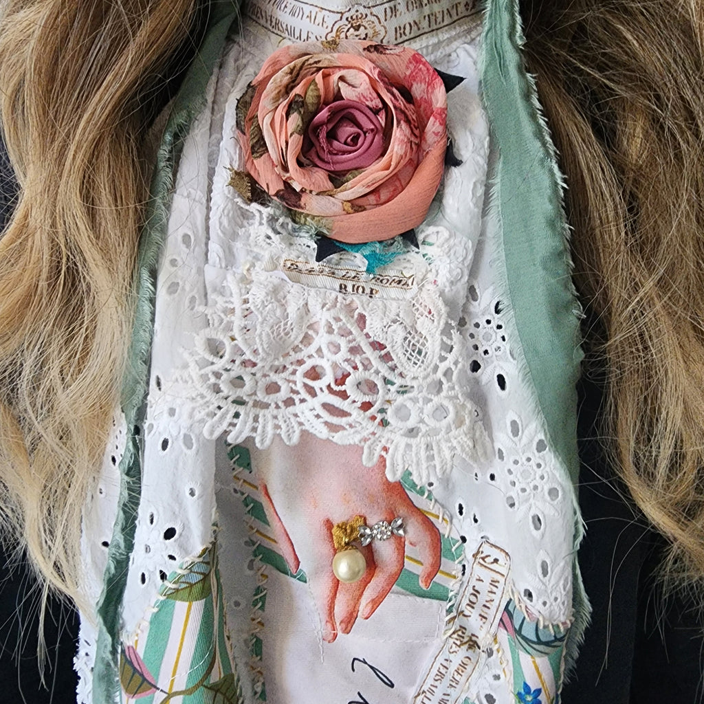 Cupid LOVE LETTERS / Collar Jabot Tie Upcycled Lace Pearl Crystal  Boho Vintage Bow Cottage Rose Edwardian Pink Magnolia Flower Pin