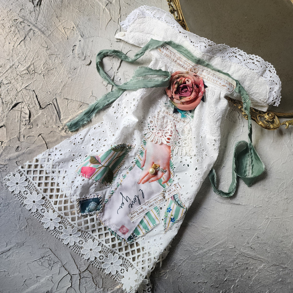 Cupid LOVE LETTERS / Collar Jabot Tie Upcycled Lace Pearl Crystal  Boho Vintage Bow Cottage Rose Edwardian Pink Magnolia Flower Pin