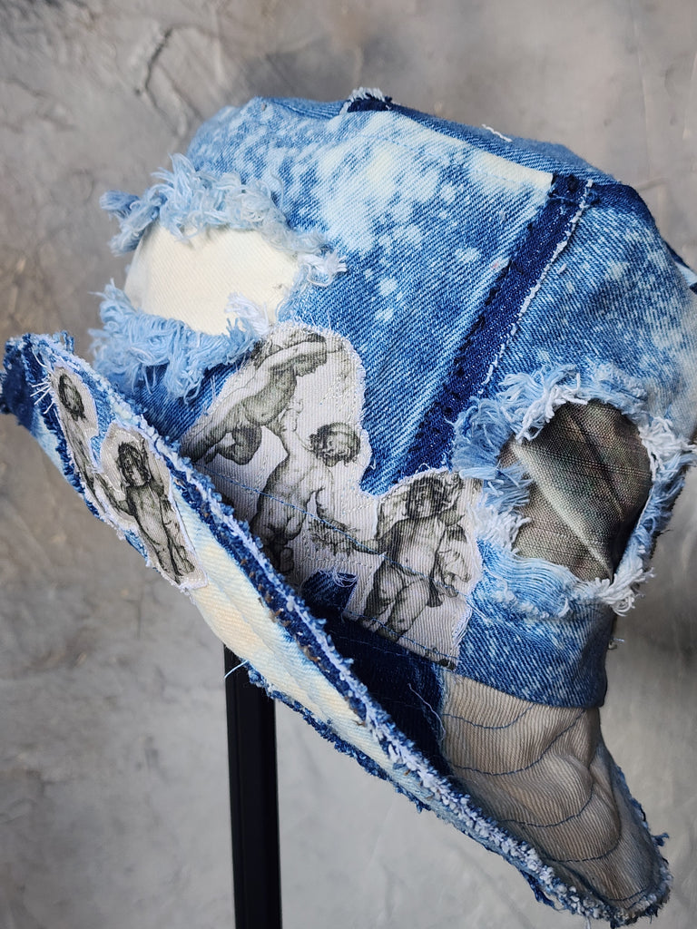 L'AZUR DE GURSON / Avant-Garde Top Hat Sculptured Designer French Garçon Cap Upcycled Blue Denim Raw Cut Patched