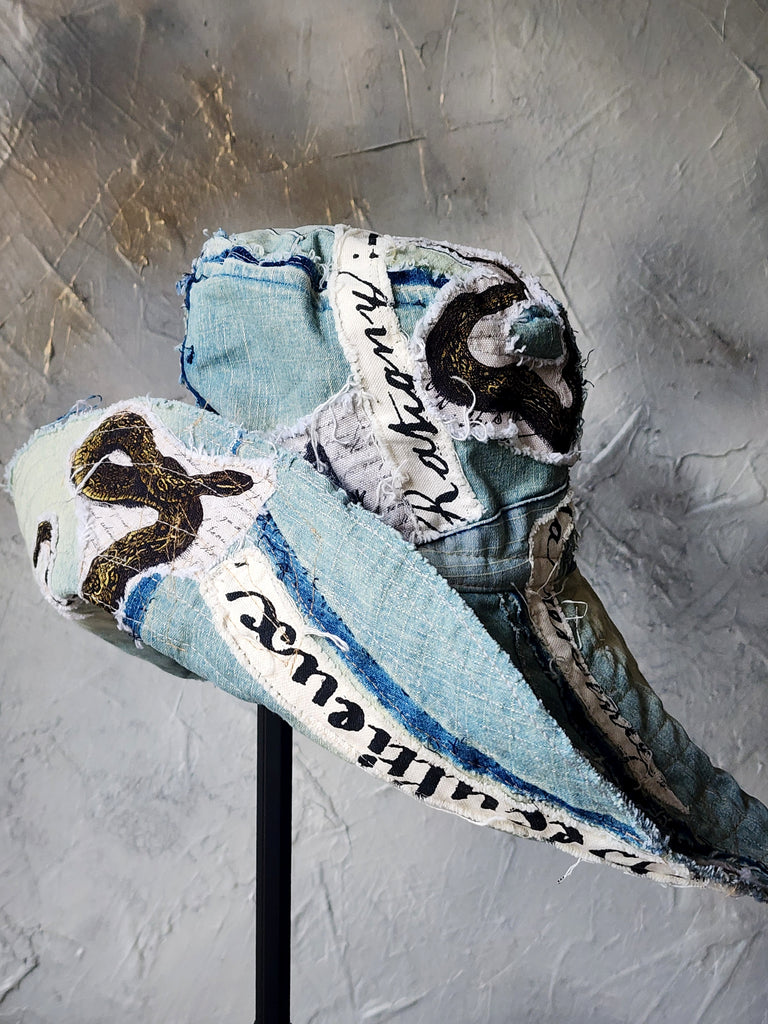 ARCHIVIST / Avant-Garde Sculptured Tophat Wide Side Upcycled Denim Raw Cut Snake Print Patched Dark Academy Vintage style