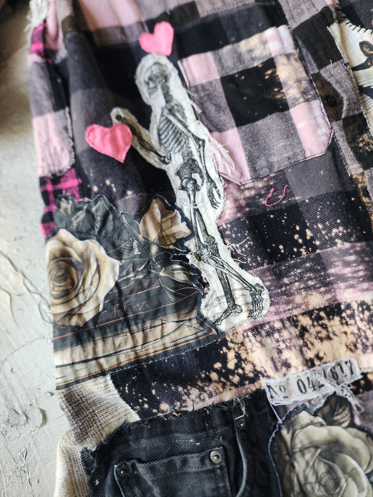 BEAUTIFULLY BROKEN / Designer Upcycled Kimono Duster Button-Down Flannel Top Artisan Cottage Appliqué