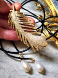 Patricia Night / 14K Gold plated Designer Couture Statement Necklace Feather Choker Topaz Pave Genuine Leather Pearl Lariat