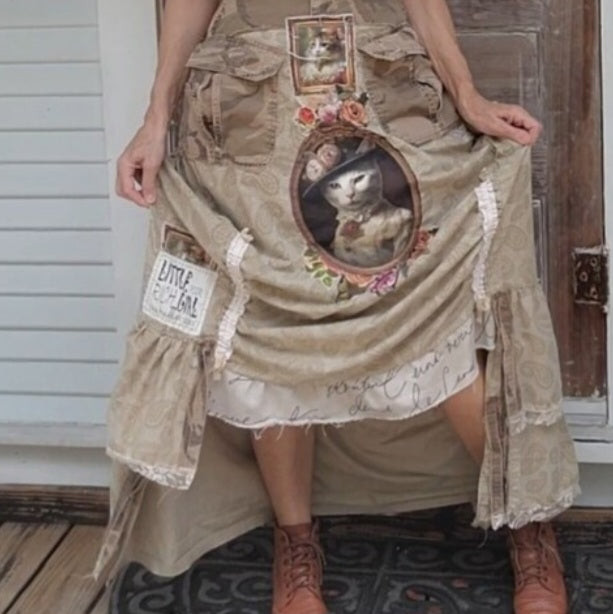 Archivist / Boho Designer Patchwork Maxi Dress Cat Patchwork European Cotton Applique Hand Made Unique Maxi