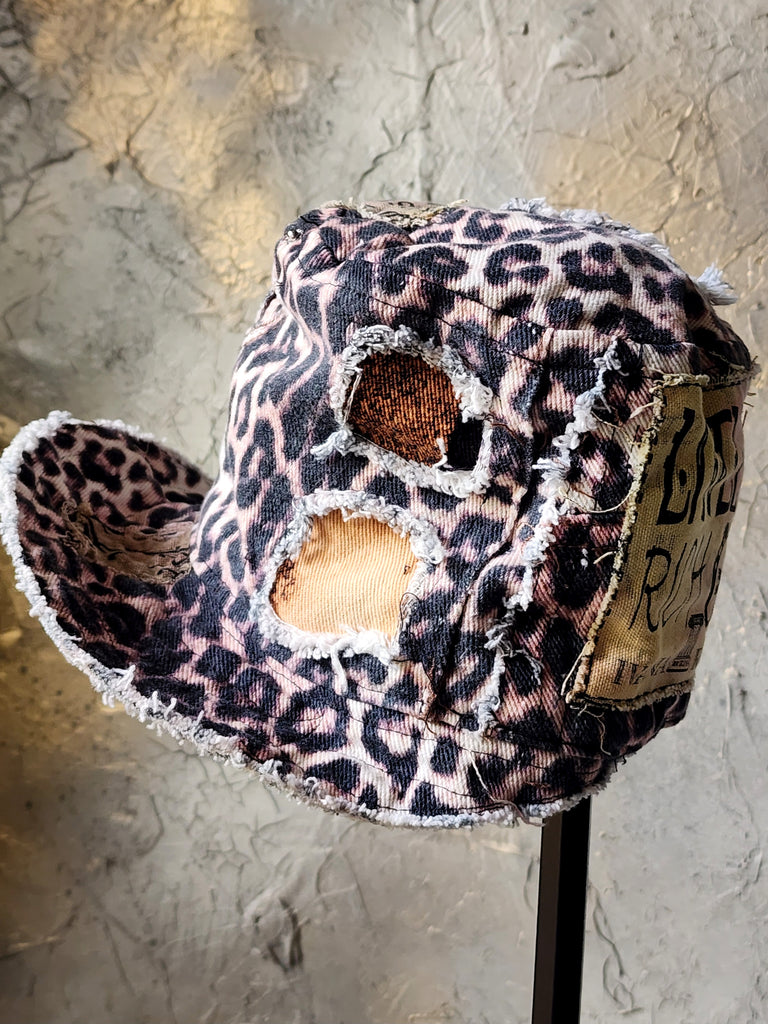 OP-La GURSON / Avant-Garde Top Hat Sculptured Designer French Garçon Cap Upcycled Leopard Raw Cut Patched