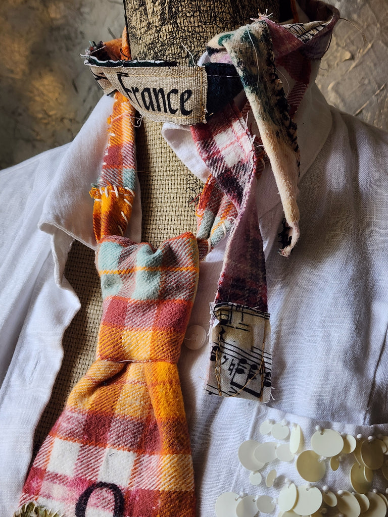 OLD MONEY CRAVAT / Shabby Chic Tie Jabot Bohemian Upcycled Plaid Boho Necklace Upcycled Cottage Patched Artisan Bowtie