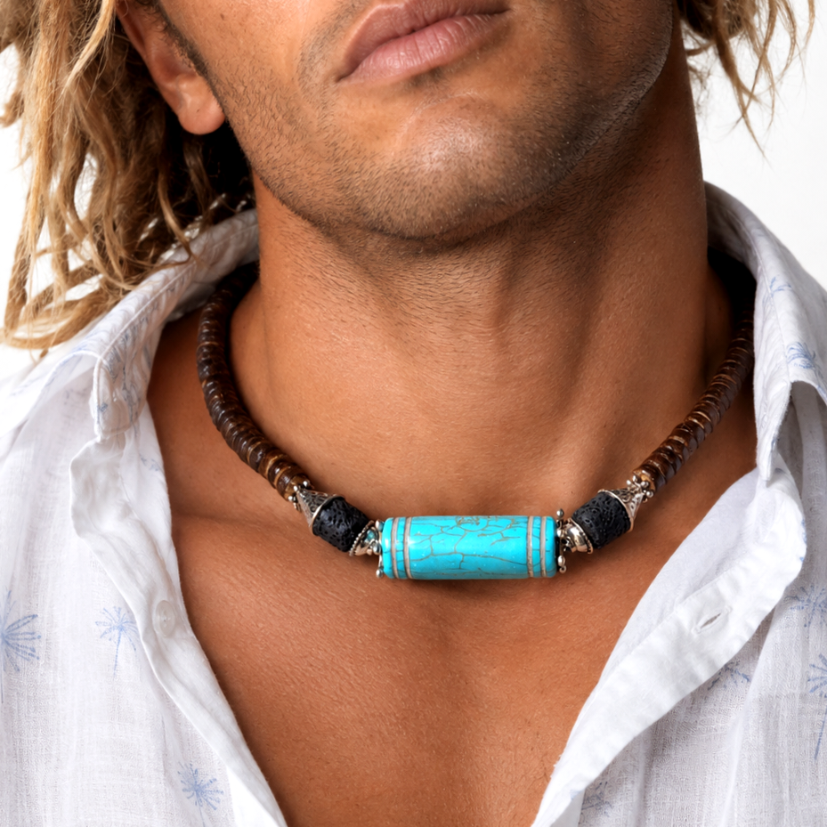 Tiki Bar / Large Surf Choker Natural Blue Stone Bronze Feather Unique Beaded Necklace for Men