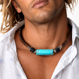 Tiki Bar / Large Surf Choker Natural Blue Stone Bronze Feather Unique Beaded Necklace for Men