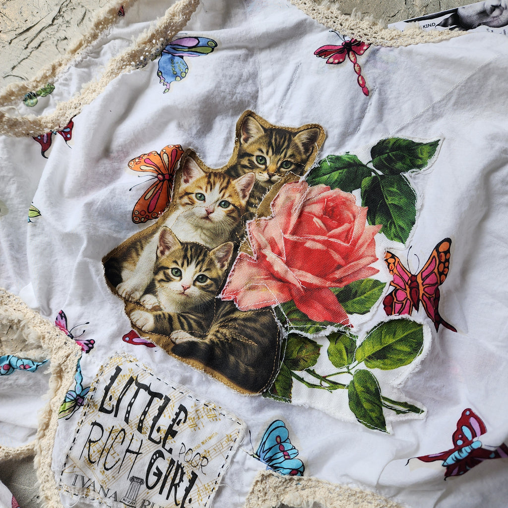 Morning Garden / Designer Victorian Top Ruffle European Cotton Cat Rose Hand Patched Distressing Patchwork Floral Top