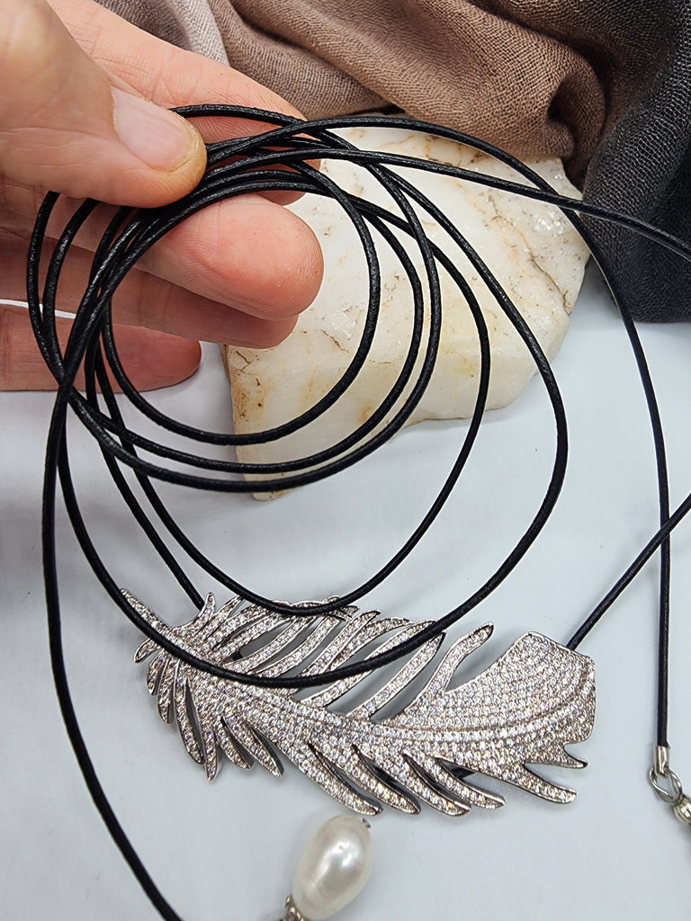 Patricia Night / 14K Gold plated Designer Couture Statement Necklace Feather Choker Topaz Pave Genuine Leather Pearl Lariat