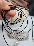 Patricia Night / 14K Gold plated Designer Couture Statement Necklace Feather Choker Topaz Pave Genuine Leather Pearl Lariat
