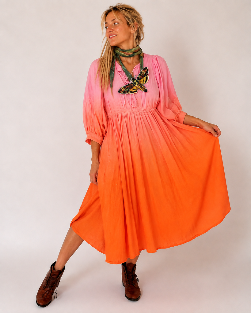 Ombré Tangerine Halyna / Designer Dress Upcycled Ombré Pink Tangerine Shabby Chic Cottage Butterfly JabotPatched Logo Monogram