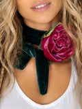 Burgundy Chic / Cottage Velvet Jabot Bow Tie Romantic Flower Fabric Rose Camellia Velvet Scarf Green Velvet Scarf