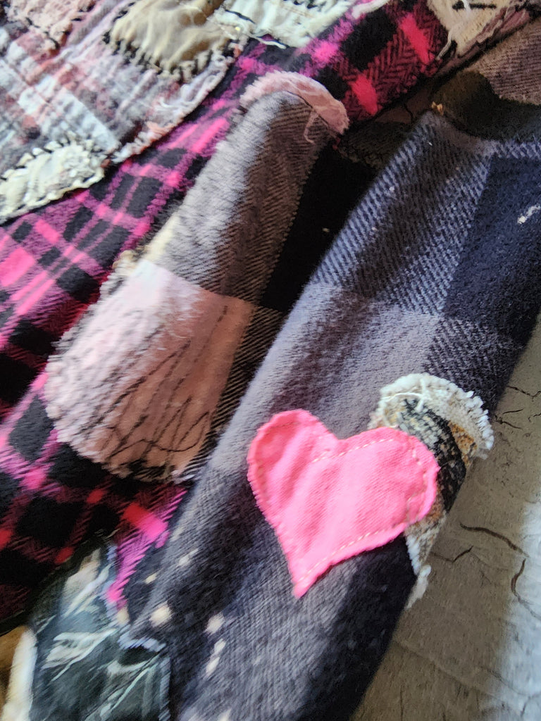 BEAUTIFULLY BROKEN / Designer Upcycled Kimono Duster Button-Down Flannel Top Artisan Cottage Appliqué