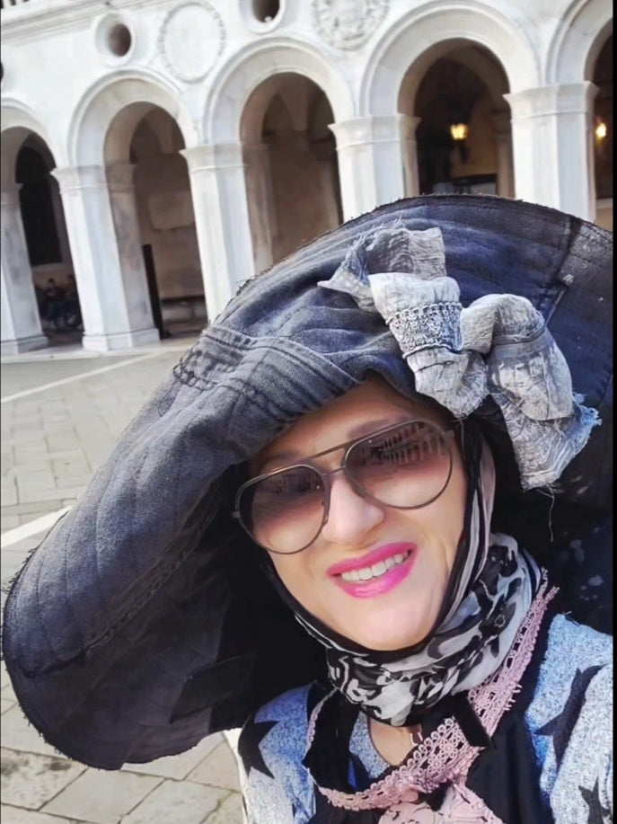 SPIRIT OF VENICE / Designer Top Hat Shabby Chic Hat Upcycled Distressed Denim Bohemian style Hat Hand Stitched Top Hat Patchwork