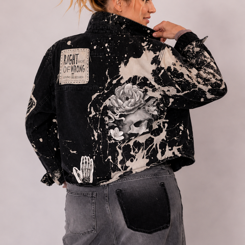 Moody Rose Academy / Boho Artisan Duster Upcycled Vintage Asid Black Denim Concept Avant-garde Patchwork Jacket