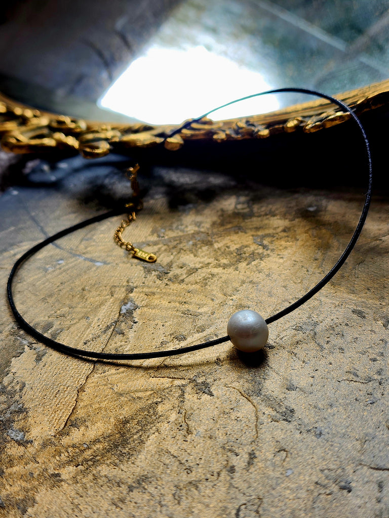 Floating Pearl / 14K Yellow Gold Plated Chain Clasp Freshwatter Large Natural Pearl Genuine Black Leather