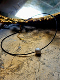 Floating Pearl / 14K Yellow Gold Plated Chain Clasp Freshwatter Large Natural Pearl Genuine Black Leather
