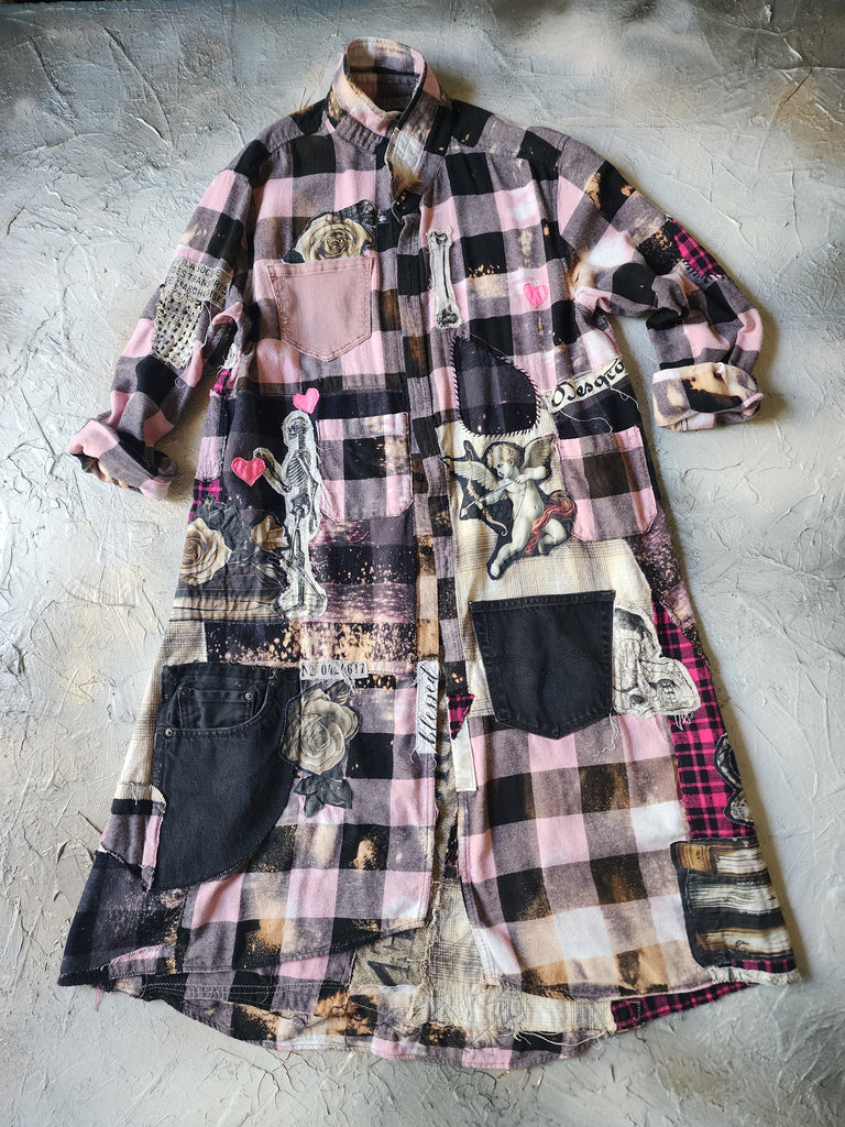 BEAUTIFULLY BROKEN / Designer Upcycled Kimono Duster Button-Down Flannel Top Artisan Cottage Appliqué