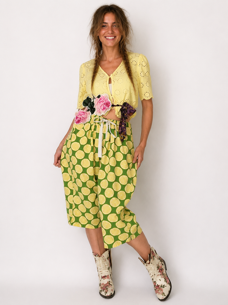 Cloudless Lemon / Bloomers Victorian Pants Shabby Chic Aplique Lemon Floral Print Patchwork Romantic Chic Patched Avant-garde
