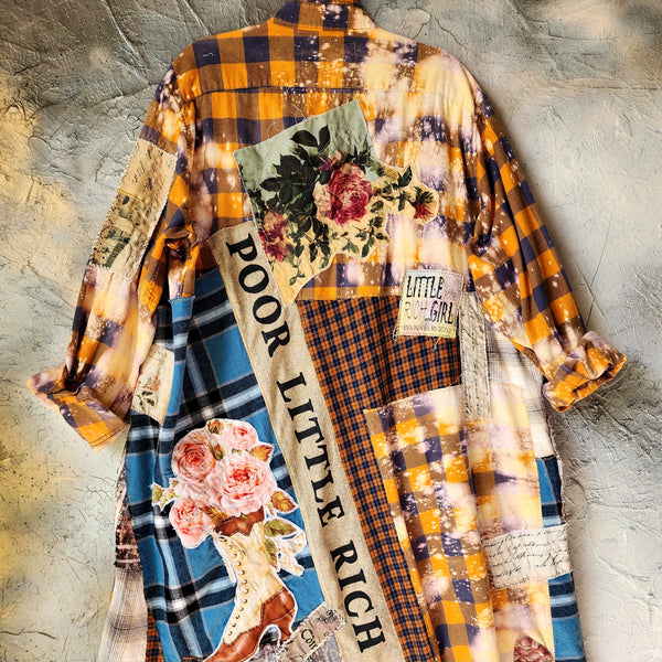 COTTAGECORE Millennial / Designer Upcycled Kimono Duster Button-Down Flannel Top Artisan Cottage Rose Logo Patch Appliqué