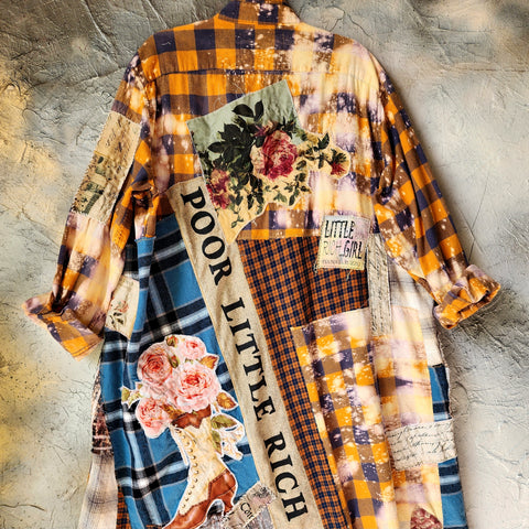 COTTAGECORE Millennial / Designer Upcycled Kimono Duster Button-Down Flannel Top Artisan Cottage Rose Logo Patch Appliqué