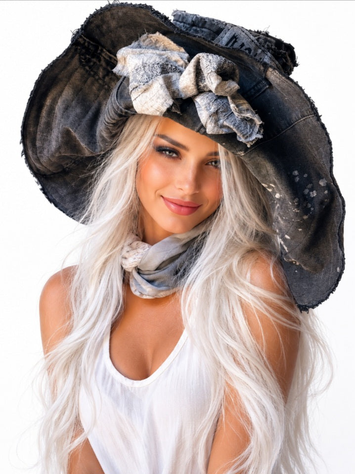 SPIRIT OF VENICE / Designer Top Hat Shabby Chic Hat Upcycled Distressed Denim Bohemian Avant-garde Hat Hand Stitched Top Hat Patchwork