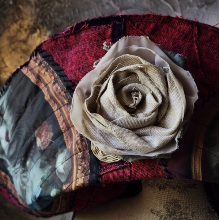 Baroque Cat / Burgundy Denim Designer Top Hat Ripped Patched Cottage Hand Stitched Of-White Peony/Rose Pin