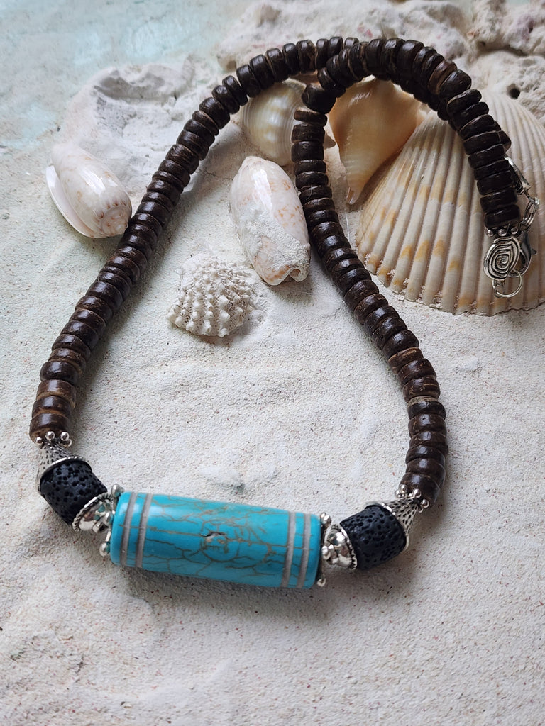 Tiki Bar / Large Surf Choker Natural Blue Stone Bronze Feather Unique Beaded Necklace for Men