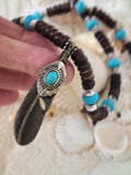 Bohemian Lover / Surf Choker Blue Stone Bronze Feather Unique Beaded Necklace for Men