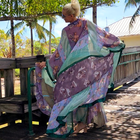 SO BOHO / Designer 100% Silk Kimono Boho Maxi Dress Floral Angel Petchwork Luxury Resort Wear Concept Upcycled