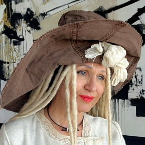 MOCCO ACADEMY / Designer Top Hat Shabby Chic Hat Upcycled Distressed Denim Bohemian style Hat Hand Stitched Top Hat Patchwork