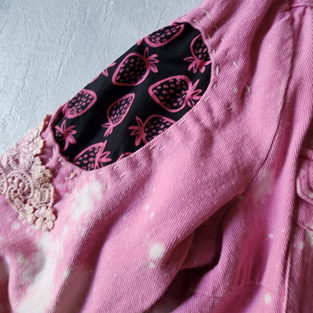 DOGS AND HEARTS / Designer Hot Pink Denim Jumpsuit Romper Unique Concept Wear Avangard Fashion Shabby Chic