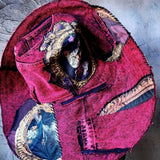 Baroque Cat / Burgundy Denim Designer Top Hat Ripped Patched Cottage Hand Stitched Of-White Peony/Rose Pin