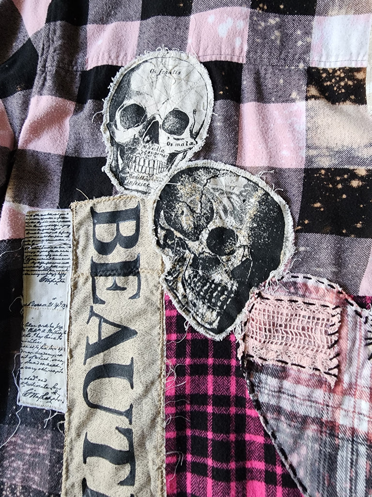 BEAUTIFULLY BROKEN / Designer Upcycled Kimono Duster Button-Down Flannel Top Artisan Cottage Appliqué