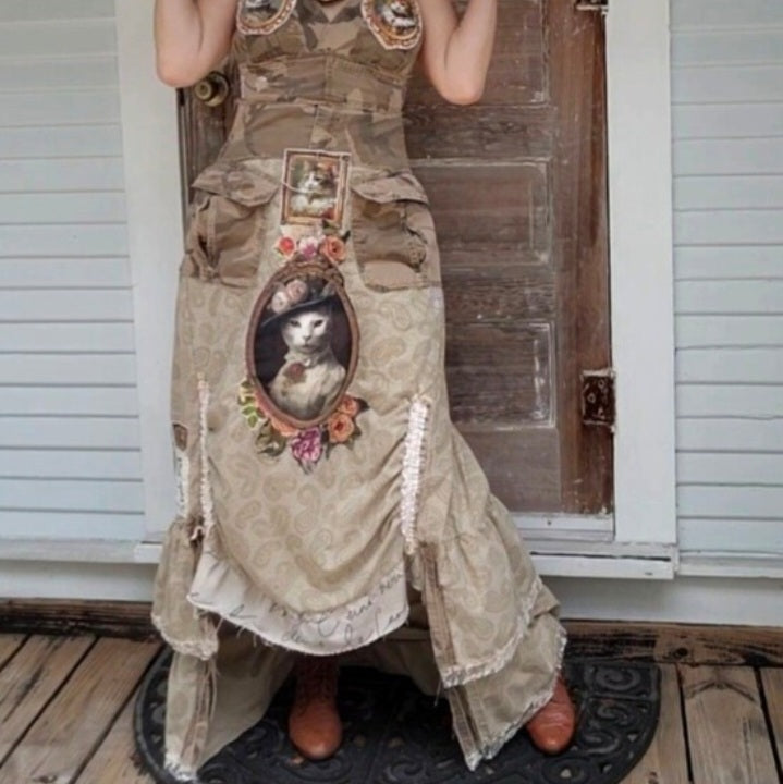 Archivist / Boho Designer Patchwork Maxi Dress Cat Patchwork European Cotton Applique Hand Made Unique Maxi