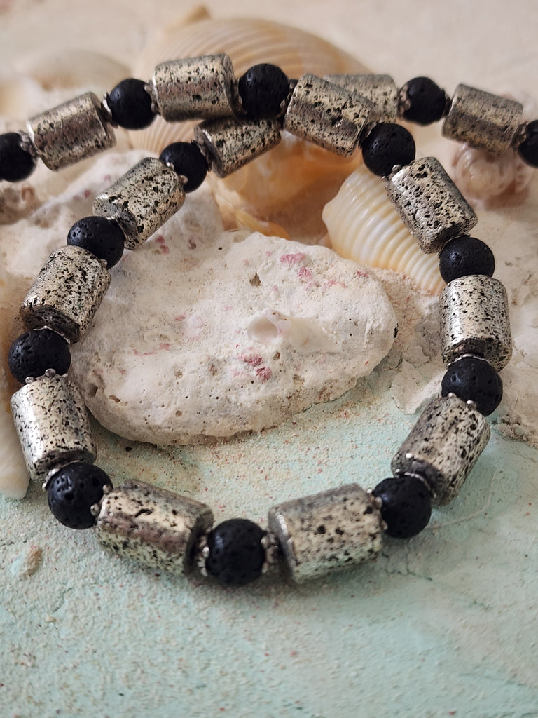 Lava And Chrome / Large Surf Choker Natural Blue Stone Lava Unique Beaded Necklace for Men