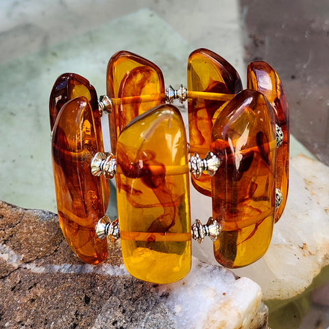 Look Into the Sun / Beeswax Lab Amber silver plated Resin atural Polymer Large Amber Bracelet Honey Color