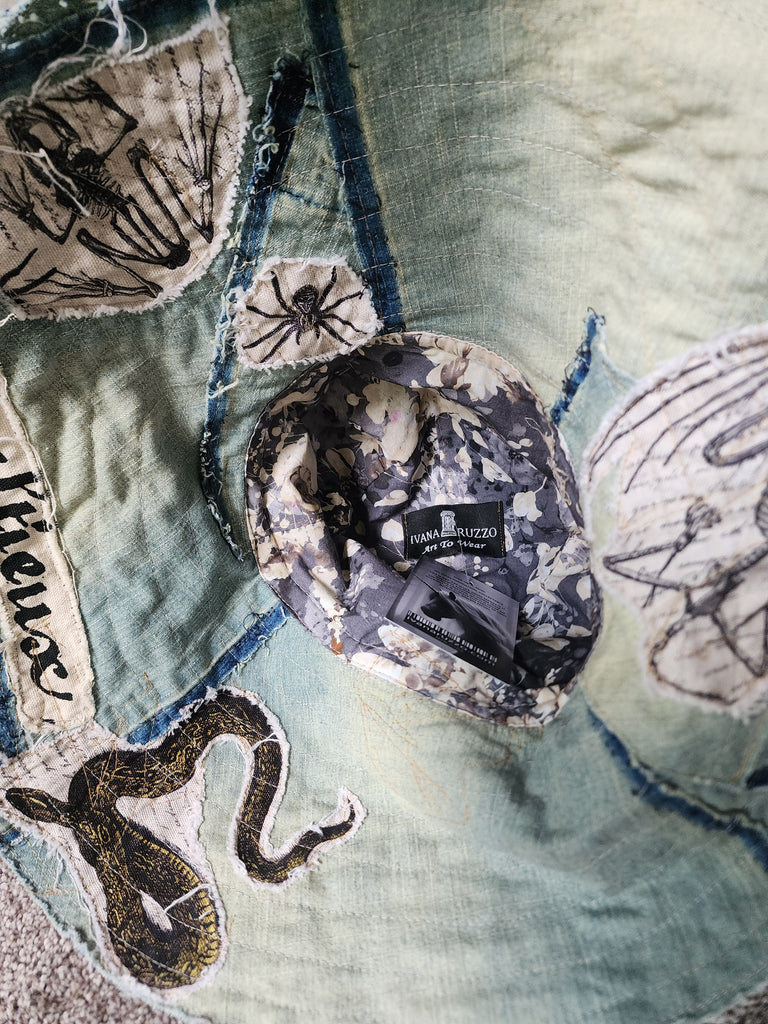 ARCHIVIST / Avant-Garde Sculptured Tophat Wide Side Upcycled Denim Raw Cut Snake Print Patched Dark Academy Vintage style