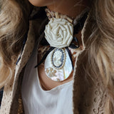 De Piano / Deigner Necklace Shabby Chic Jabot Large Rose Magnolia Black Bow tie Handcrafted Large Cameo Necklace