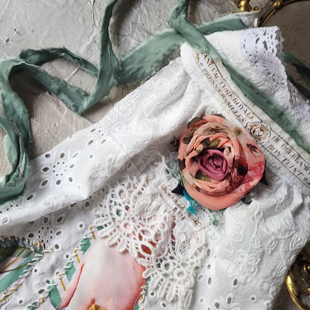 Cupid LOVE LETTERS / Collar Jabot Tie Upcycled Lace Pearl Crystal  Boho Vintage Bow Cottage Rose Edwardian Pink Magnolia Flower Pin