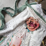 Cupid LOVE LETTERS / Collar Jabot Tie Upcycled Lace Pearl Crystal  Boho Vintage Bow Cottage Rose Edwardian Pink Magnolia Flower Pin