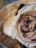 Comtesse La Fleur / Designer Top Hat Upcycled Raw Wide-Brim Rose Pin Pearl Embellishment Patched Artisan Hat