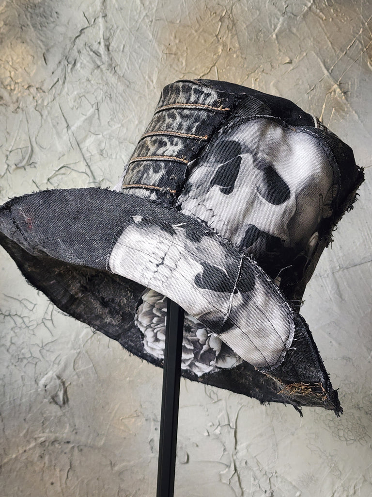 SAINT AND RELIC NUMBER 5 / AVANT-GARDE TOP HAT SKULL APLIQUE UPCYCLED BLACK DENIM SCULPTURED ARTISAN HAT