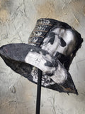 SAINT AND RELIC NUMBER 5 / AVANT-GARDE TOP HAT SKULL APLIQUE UPCYCLED BLACK DENIM SCULPTURED ARTISAN HAT