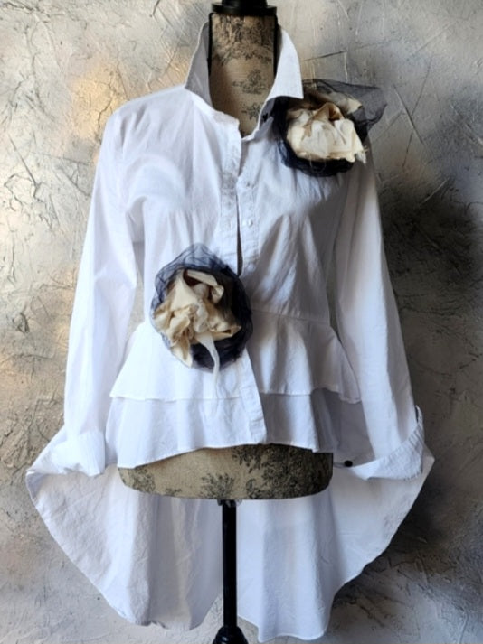 Larisa High-Low / Designer White Top Cottage Concept Avangard Artisan Rose Pin Capsule Collection Distressed European Vintage