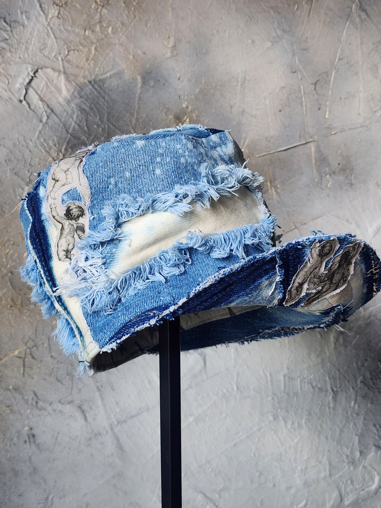 L'AZUR DE GURSON / Avant-Garde Top Hat Sculptured Designer French Garçon Cap Upcycled Blue Denim Raw Cut Patched