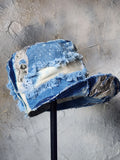 L'AZUR DE GURSON / Avant-Garde Top Hat Sculptured Designer French Garçon Cap Upcycled Blue Denim Raw Cut Patched