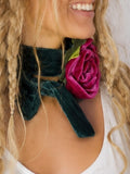 Burgundy Chic / Cottage Velvet Jabot Bow Tie Romantic Flower Fabric Rose Camellia Velvet Scarf Green Velvet Scarf